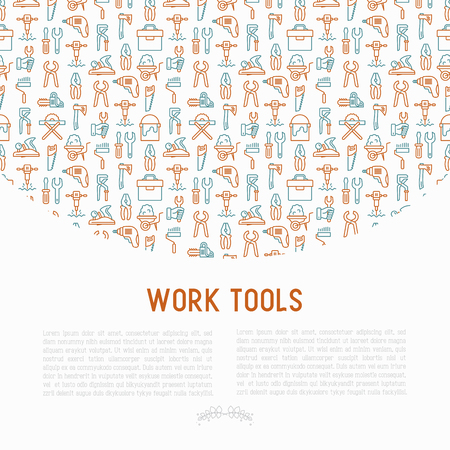 Work tools concept with thin line icons: puncher, drill, wrench, plane, toolbox, wheelbarrow, saw, pliers, sawing machine. Modern vector illustration of building equipment for web page or print media.のイラスト素材