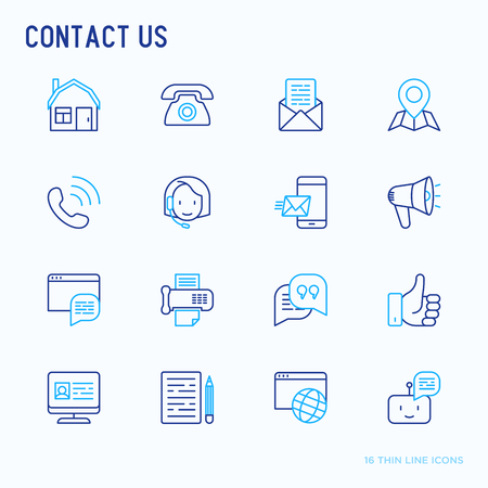 Contact us thin line icons set of telephone, fax, operator call center, e-mail, chat bot, pointer, feedback. Modern vector illustration.のイラスト素材