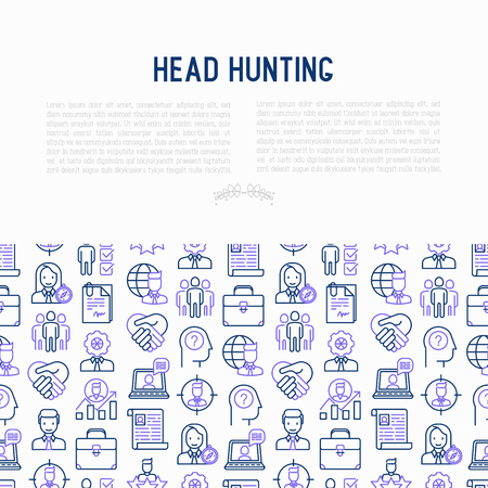 Head hunting concept with thin line icons: employee, hr manager, focus, resume; briefcase; achievements; career growth, interview. Vector illustration for banner, web page, print media.のイラスト素材