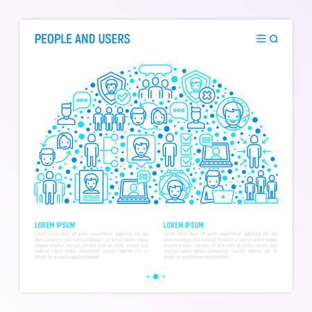 People and users concept in half circle with thin line icons: management, communication, human resources, teamwork, candidate. Modern vector illustration, web page template.のイラスト素材