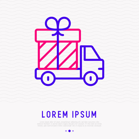 Delivery truck with gift box thin line icon. Modern vector illustration of shipping from shop, supermarket, warehouse.のイラスト素材