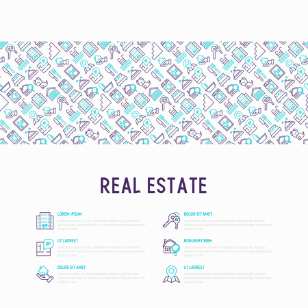 Rea estate concept with thin line icons: apartment house, bedroom, keys, elevator, swimming pool, bathroom, facilities. Modern vector illustration for web page, print media.のイラスト素材