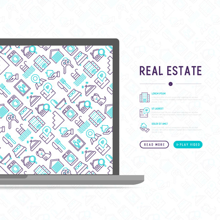 Real estate concept with thin line icons: apartment house, bedroom, keys, elevator, swimming pool, bathroom, facilities. Modern vector illustration for web page, print media.のイラスト素材