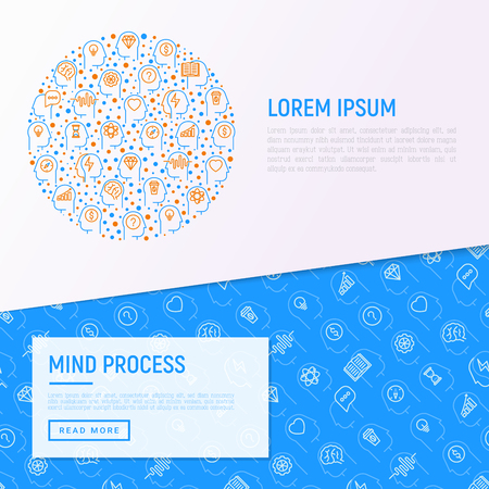 Mind process concept in circle with thin line icons: intelligence, passion, conflict, innovation, time management, exploration, education, logical thinking. Modern vector illustration for web page.のイラスト素材