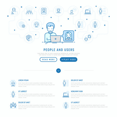 People and users concept: man using his laptop for video call with thin line icons: management; communication; human resources; teamwork; candidate. Modern vector illustration; web page template.のイラスト素材
