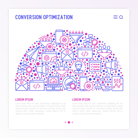 Conversion optimization concept in half circle with thin line icons: marketing, customer management, SEO technology, website promotion, sales funnel, web traffic. Modern vector illustration.のイラスト素材