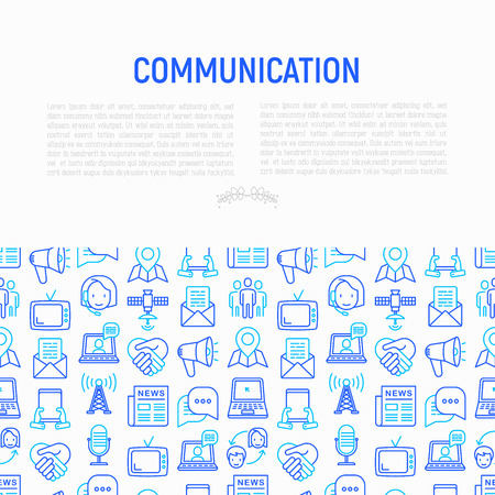 Communication concept with thin line icons: e-mail, newspaper, letter, chat, tv, support, video call, microphone. Modern vector illustration for banner, print media, web page.のイラスト素材