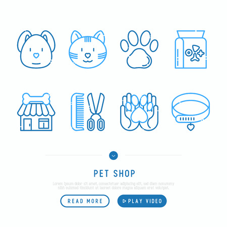 Pet shop thin line icons set: cat, dog, collar, kennel, grooming, food, toys. Modern vector illustration.のイラスト素材