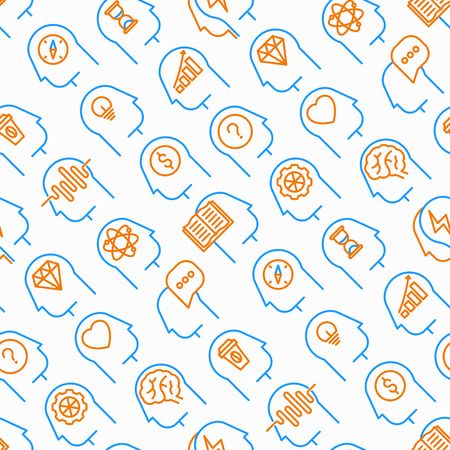 Mind process seamless pattern with thin line icons: intelligence, passion, conflict, innovation, time management, exploration, education, logical thinking. Modern vector illustration.のイラスト素材
