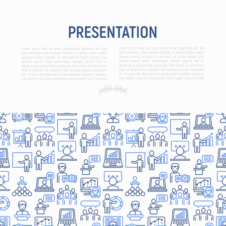 Presentation concept with thin line icons: seminar, human at tribune, meeting, projector , audience, video call, conference, discussion. Modern vector illustration for banner, print media, web page.のイラスト素材