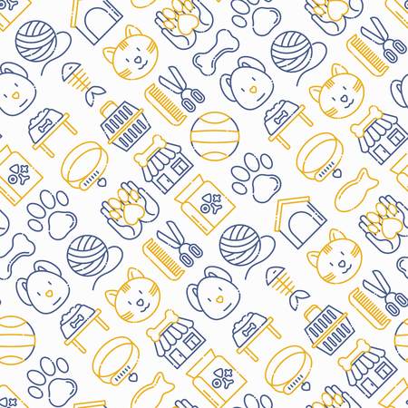 Pet shop seamless pattern with thin line icons: cat, dog, collar, kennel, grooming, food, toys. Modern vector illustration.のイラスト素材