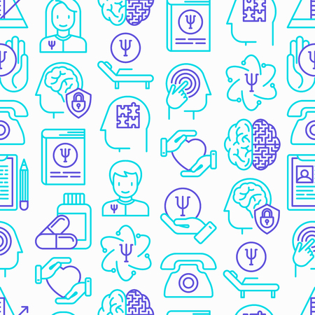 Psychologist seamless pattern with thin line icons: psychiatrist, disease history, armchair, pendulum, antidepressants, psychological support. Vector illustration.のイラスト素材