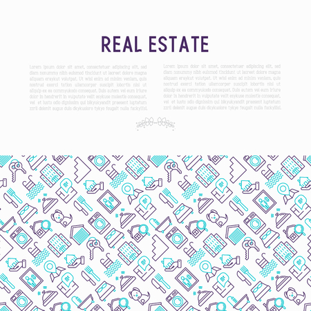 Rea estate concept with thin line icons: apartment house, bedroom, keys, elevator, swimming pool, bathroom, facilities. Modern vector illustration for web page, print media.のイラスト素材