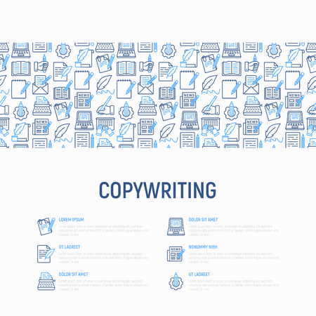 Copywriting concept with thin line icons: letter, e-mail, book, blogging, hand with pen, feather, typewriter, article, seo. Modern vector illustration for web page template, banner.のイラスト素材