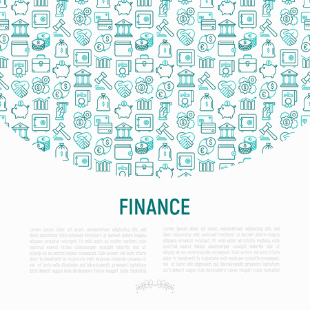 Finance concept with thin line icons: safe, credit card, piggy bank, wallet, currency exchange, hammer, agreement, handshake, atm slot. Modern vector illustration for banner, web page, print media.のイラスト素材