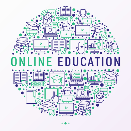 Online education concept in circle with thin line icons: online course, webinar, e-book, video conference, home studying, wise owl in graduation cup. Modern vector illustration for school web page.のイラスト素材