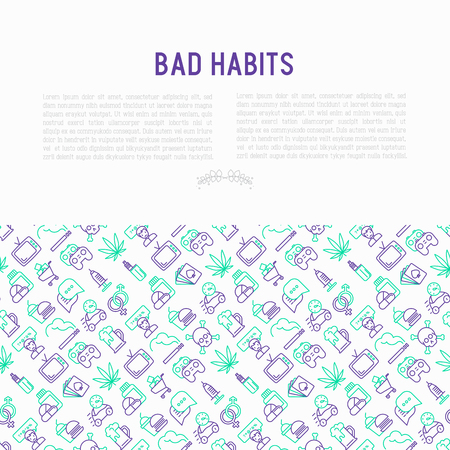 Bad habits concept with thin line icons: abuse, alcoholism, cigarette, marijuana, drugs, fast food, poker, promiscuity, tv, video games. Modern vector iilustration for banner, print media.のイラスト素材