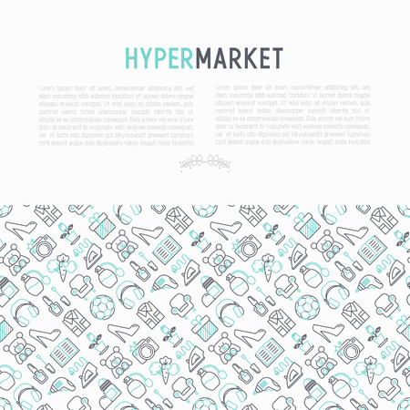 Hypermarket concept with thin line icons: apparel, sport equipment, electronics, perfumery, cosmetics, toys, food, appliances. Modern vector illustration for print media, web page template.のイラスト素材