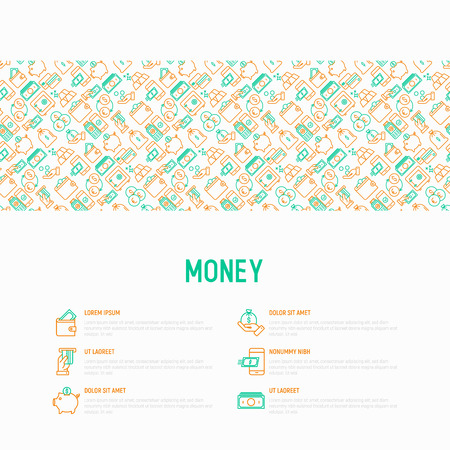 Money concept with thin line icons: cash, credit card, pos terminal, piggy bank, wallet, hand with coins, bag of gold. Modern vector illustration for banner, print media, web page.のイラスト素材