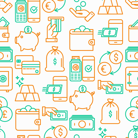 Money seamless pattern with thin line icons: cash, credit card, pos terminal, piggy bank, wallet, hand with coins, bag of gold. Modern vector illustration.のイラスト素材