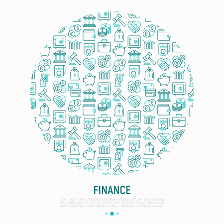 Finance concept in circle with thin line icons: safe, credit card, piggy bank, wallet, currency exchange, hammer, agreement, handshake, atm slot. Modern vector illustration for web page, print media.のイラスト素材