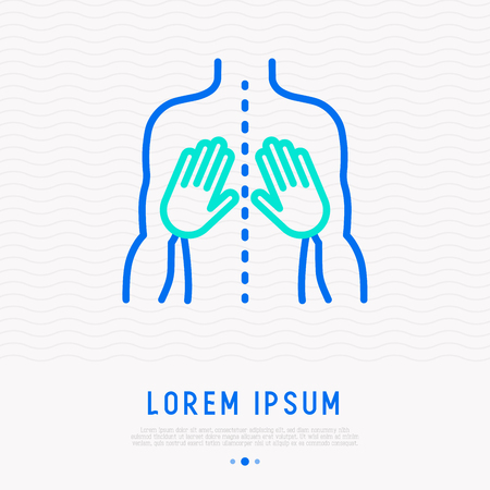 Massage thin line icon: two hands on the back. Modern vector illustration of rehabilitation.のイラスト素材