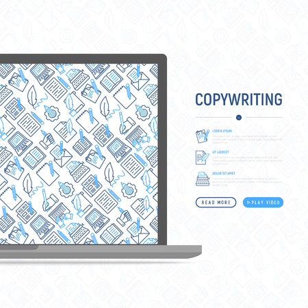 Copywriting concept with thin line icons: letter, e-mail, book, blogging, hand with pen, feather, typewriter, article, seo. Modern vector illustration for web page template, banner.のイラスト素材