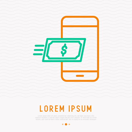Money flying on phone thin line icon. modern vector illustration of online transaction.のイラスト素材