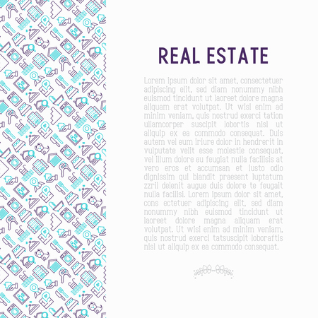 Rea estate concept with thin line icons: apartment house, bedroom, keys, elevator, swimming pool, bathroom, facilities. Modern vector illustration for web page, print media.のイラスト素材