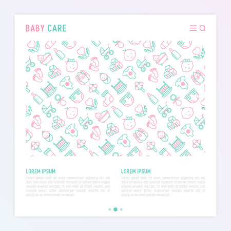 Baby care concept with thin line icons: newborn, diaper, pacifier, crib, footprints, bathtub with bubbles. Vector illustration for banner, web page, print media with place for text.のイラスト素材