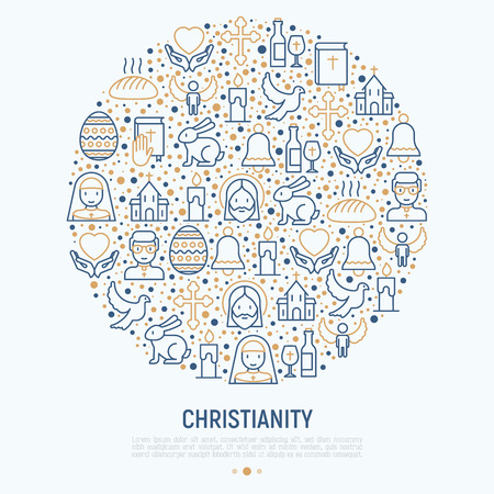 Christianity concept in circle with thin line icons of priest, church, nun, crucifixion, Jesus, bible, dove. Vector illustration for banner, web page, print media.のイラスト素材