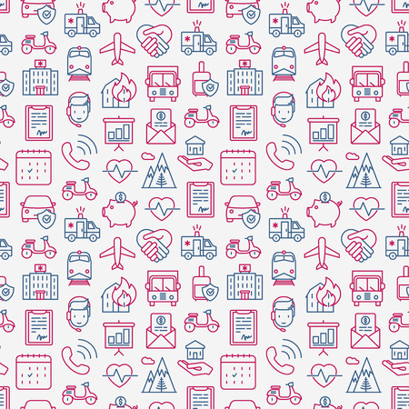 Insurance seamless pattern with thin line icons: health, life, car, house, savings. Modern vector illustration for background.のイラスト素材
