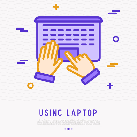 Top view of using laptop. Hands on touchpad thin line icon. Modern vector illustration.のイラスト素材