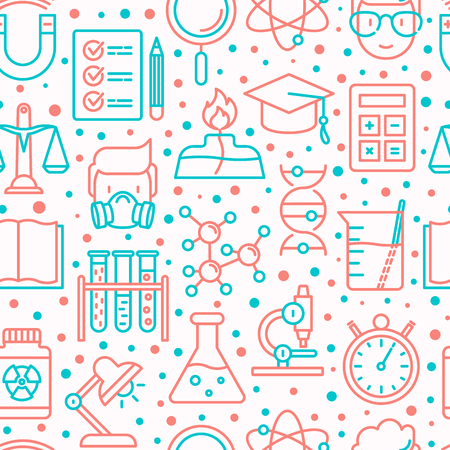 Science and laboratory seamless pattern with thin line icons of scientist, dna, microscope, scales, magnet, respirator, spirit lamp. Vector illustration for background.のイラスト素材