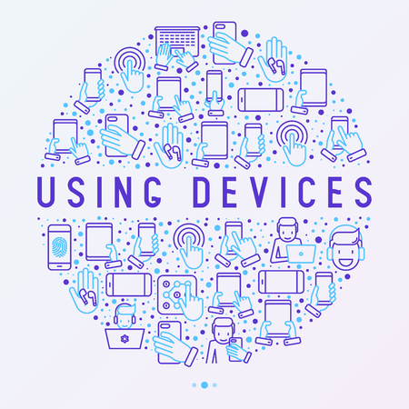 Using devices concept in circle with thin line icons: gadget, tablet in hands, touchscreen, fingerprint, laptop, wireless headphones. Modern vector illustration for banner, web page, print media.のイラスト素材