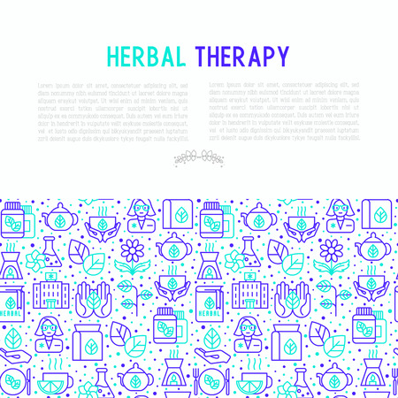 Herbal therapy concept with thin line icons: herbalist, decoction, aromatic oil, oil burner, tea. Vector illustration for banner, web page, print media.のイラスト素材