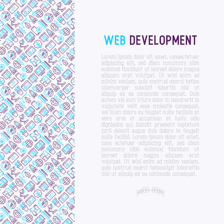 Web development concept with thin line icons of programming, graphic design, mobile app, strategy, artificial intelligence, optimization, analytics. Vector illustration for web page.のイラスト素材