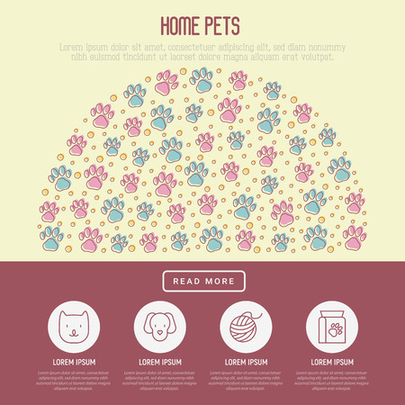 Pet paws concept in half circle with place for text. Thin line vector illustration for pet shop, training. shelter.のイラスト素材