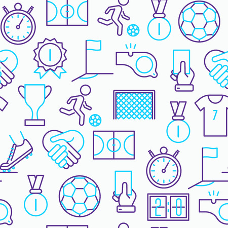 Football seamless pattern with thin line icons: player, whistle, soccer, goal, strategy, stopwatch, football boots, score. Vector illustration for banner, print media, web page.のイラスト素材