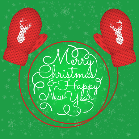 Red knitted mittens with silhouette of head of reindeer, Merry Christmas and New Year concept on snowflake background. Vector illustration.のイラスト素材