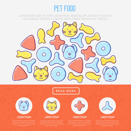 Pet food concept in half circle with thin line icons of dry food in different shapes and cute dog and cat. Modern vector illustration, template for web page of pet shop.のイラスト素材