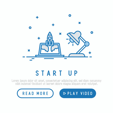 Start up concept. Template for web page with thin line icons of laptop and rocket flying up. Vector illustration.のイラスト素材