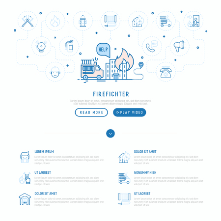Firefighter concept. Template for web page with thin line icons.のイラスト素材