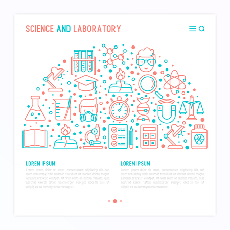 Science and laboratory concept in half circle with thin line icons.のイラスト素材