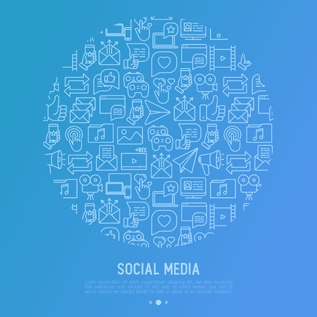 Social media concept in circle with thin line icons. Vector illustration.のイラスト素材