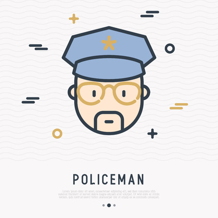 Cartoon policeman in glasses and cap thin line icon. Modern vector illustration.のイラスト素材
