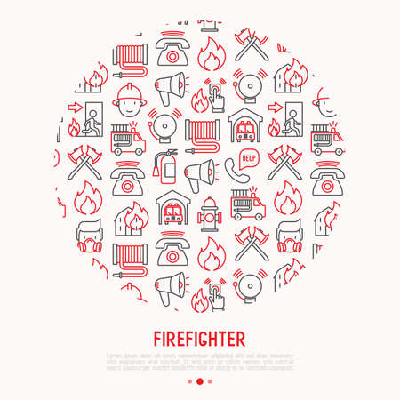 Firefighter concept in circle with thin line icons: fire, extinguisher, axes, hose, hydrant. Modern vector illustration for banner, web page, print media.のイラスト素材