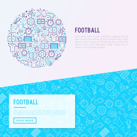 Football concept in circle with thin line icons: player, whistle, soccer, goal, strategy, stopwatch, football boots, score. Vector illustration for banner, print media, web page.のイラスト素材