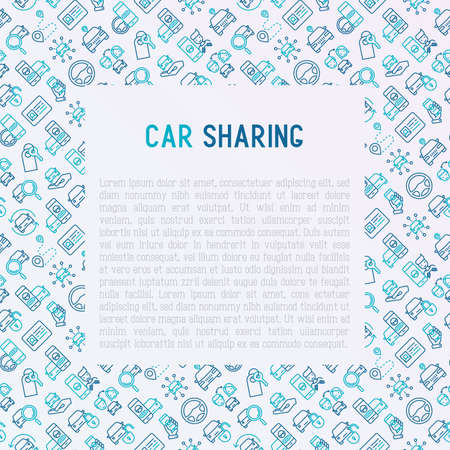 Car sharing concept with thin line icons of driver's license, key, blocked car, pointer, available, searching of car. Vector illustration for banner, web page, print media.のイラスト素材