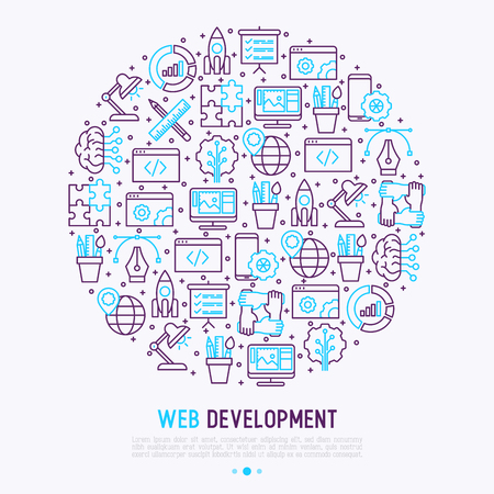 Web development concept in circle with thin line icons of programming, graphic design, mobile app, strategy, artificial intelligence, optimization, analytics. Vector illustration for web page.のイラスト素材